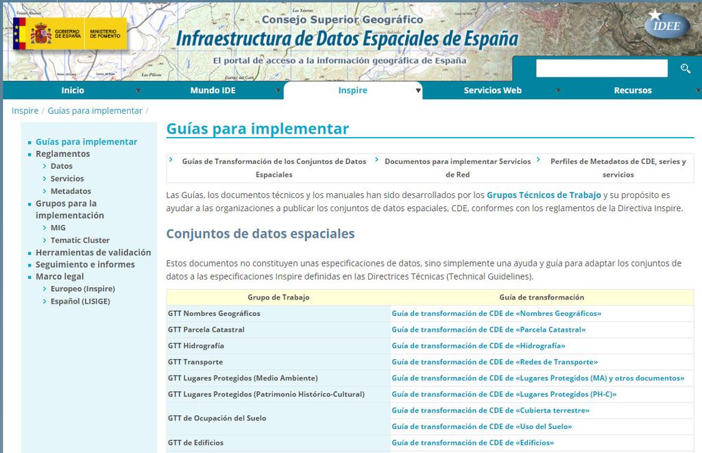 Adaptações de especificações técnicas de cartografia Espanha