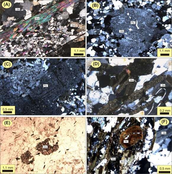 Figura 8. Fotomicrografias do Fácies porfirítico do granito Encantada. (A) Aspecto da matriz da rocha constituida por fragmentos recristalizados de quartzo, plagioclásio, e muscovita.