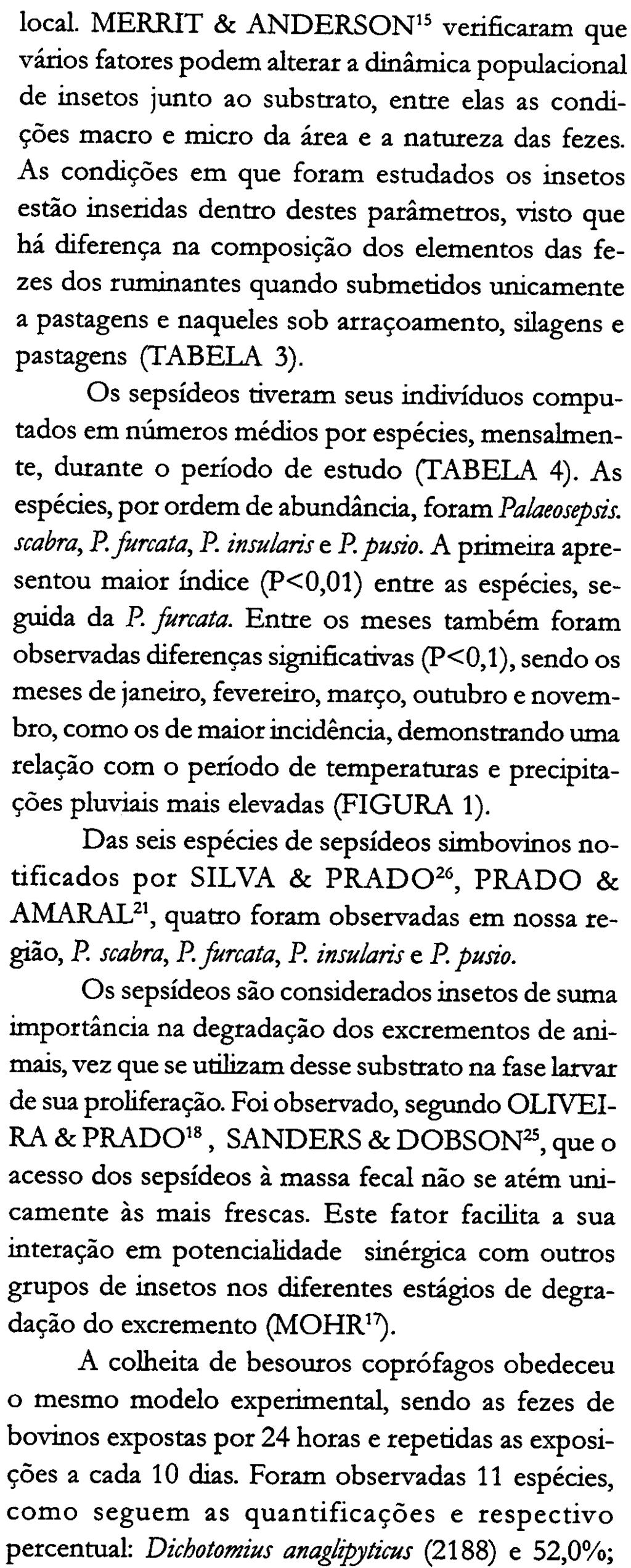 pastagens e naqueles sob arraçoamento, silagens e Aphodius pseudo/ividus (1845) e 43,9%; Aphodius spp. (58) e 1,38%; Eurysternus sp.