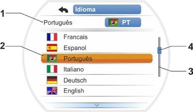 1) e embaixo uma lista com símbolos (bandeiras) dos idiomas selecionados. A barra de rolagem (pos. 3) mostrará que ainda outros idiomas podem ser selecionados além dos atuais mostrados no display.