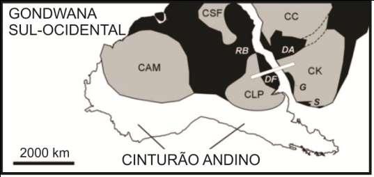 23 Figura 2 Panorama paleogeográfico do Gondwana Sul-ocidental, mostrando as massas cratônicas (cinza claro) e os cinturões orogênicos Neoproterozoicos (escuro) e a posição aproximada do perfil