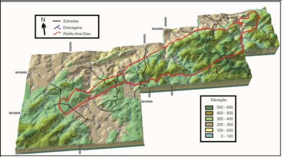 45 caracterizada por fenocristais euédricos de feldspato alcalino e quartzo, envoltos por matriz afanítica. Figura 7 Modelo digital de elevação (MDE) da região do Cerro Ana Dias.