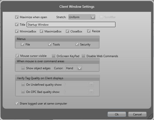 Figura 6-58. Configurações dos Clientes Rich As configurações de Clientes Rich disponíveis são: Maximize when open: quando selecionado maximiza a janela do cliente para se ajustar ao monitor.