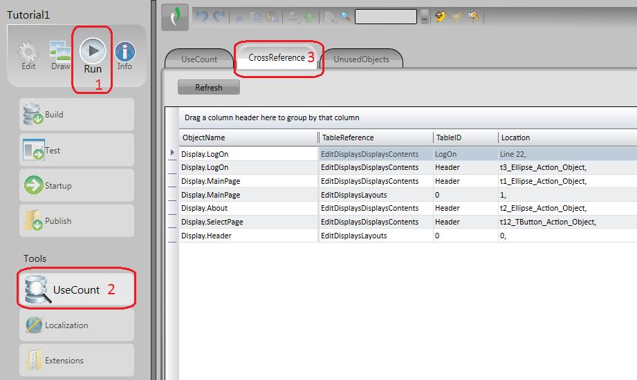 5. Selecionar a opção UseCount para exibição das informações sobre o uso dos objetos no projeto. CrossReference Na guia CrossReference são apresentos os objetos do projeto e onde estes são usados.