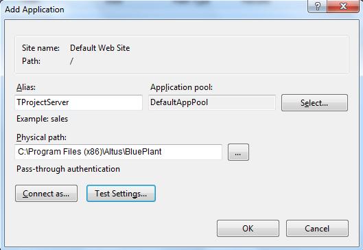 Alias:TProjectServer Physical Path (1): verifique e corrija para a pasta de instalação BluePlant Application Pool: configure para qualquer conjunto baseado no.net 4.0 Exemplo: ASP.NET v4.0. Figura 6-132.