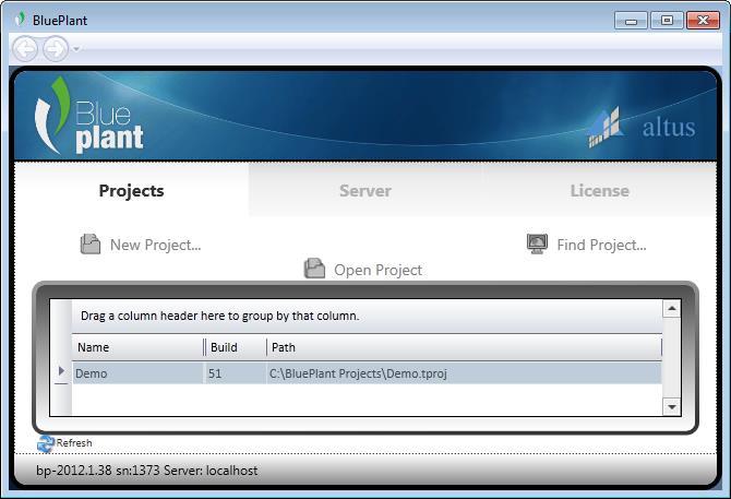 Tela de Gerenciamento de Projeto Em seguida aparece a estrutura de menus padrão Web do BluePlant.