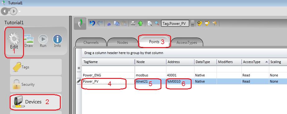 Figura 6-13. Edição de Pontos TagName Os passos para editar ou incluir os pontos de comunicação estão ilustrado na Figura 6-13 e descritos a seguir: 1. Selecionar o menu Edit 2.