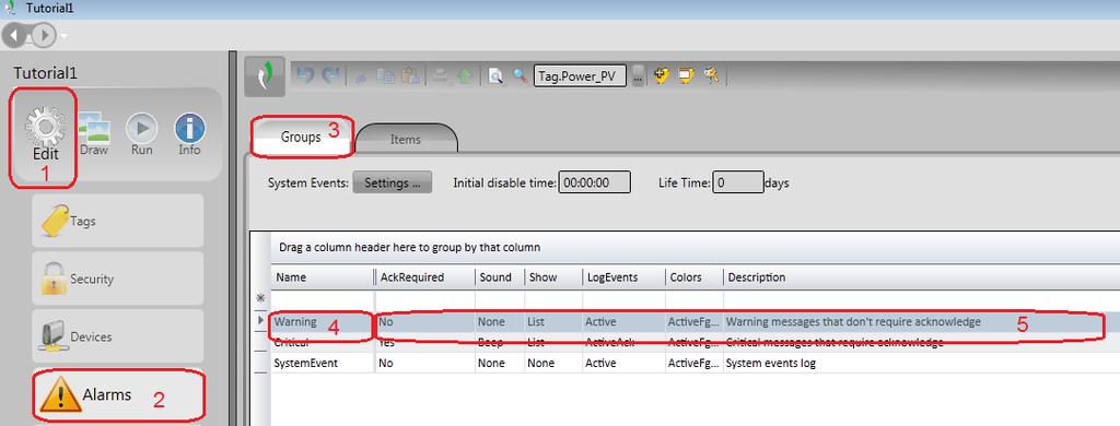 Grupos de Alarme 6. Componentes do BluePlant Reconhecer todos os alarmes: pode-se usar a propriedade <Alarm.AckAll> que reconhece todos os alarmes configurados em um projeto com <Edit.Alarms.Items>.