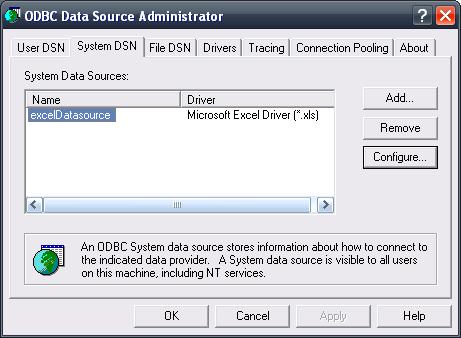 Figura 6-28. "ODBC Data Source Administrator" Na janela ODBC Data Source Administrator clique na opção de Add... Será solicitado que seja selecionado um driver. Selecione o Microsoft Excel Driver (*.
