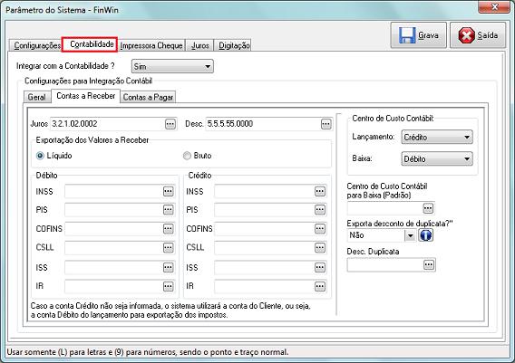 22.7. Configurações Aba Contabilidade Na aba Contabilidade informe as contas contábeis para a integração com o Folhamatic Contábil, para efetuar a configuração acesse o Menu Outros / Configurações /