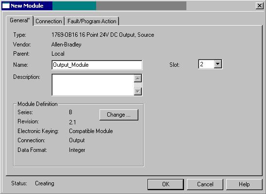 Capítulo 9 Crie um projeto no software RSLogix 5000 3. Na caixa de diálogo: a. Insira um Name para omódulo. b.