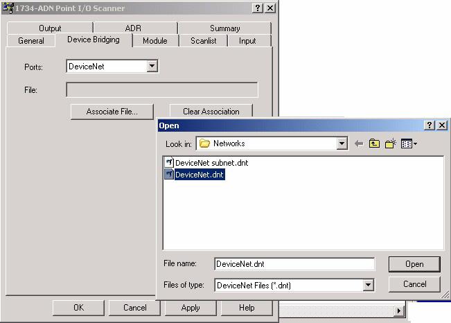 Capítulo 10 Adicione módulos de E/S distribuída ao projeto 9. Clique na guia Device Bridging. 10. Clique em Associate File. 11. Selecione o arquivo de configuração DeviceNet.dnt e clique em Open. 12.