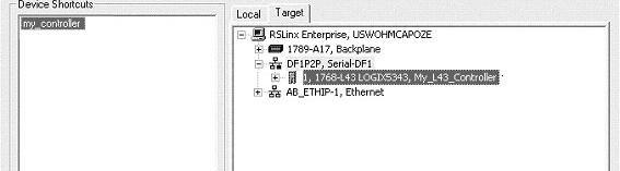 Selecione a guia Target para visualizar o caminho do terminal PanelView até