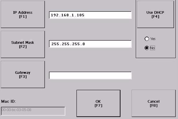 Capítulo 5 Prepare o terminal PanelView Plus 5. Selecione Use DHCP [F4] para selecionar No. 6. Selecione IP Address [F1]. a. Insira um endereço IP no painel de entrada. b. Pressione Enter. c.