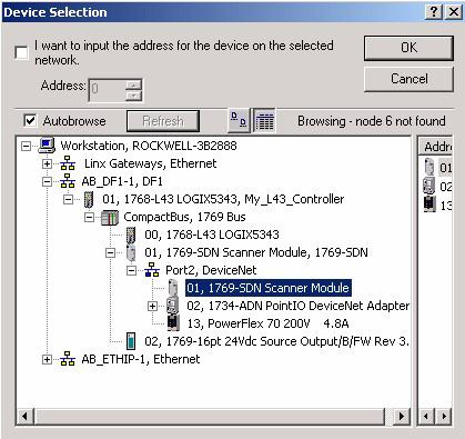 Configure a rede DeviceNet Capítulo 8 Configure o Node Address do scanner DeviceNet 1. Inicie o software RSNetWorx for DeviceNet. 2. Selecione Tools > Node Commissioning. 3. Clique em Browse. 4.