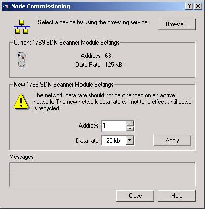 A caixa de diálogo Node Commissioning está preenchida com as configurações atuais para o módulo 1769-SDN. 8.