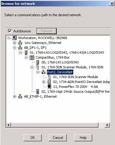 Expanda 1769-SDN Scanner Module e selecione a porta DeviceNet e, em seguida, clique em OK. 5.