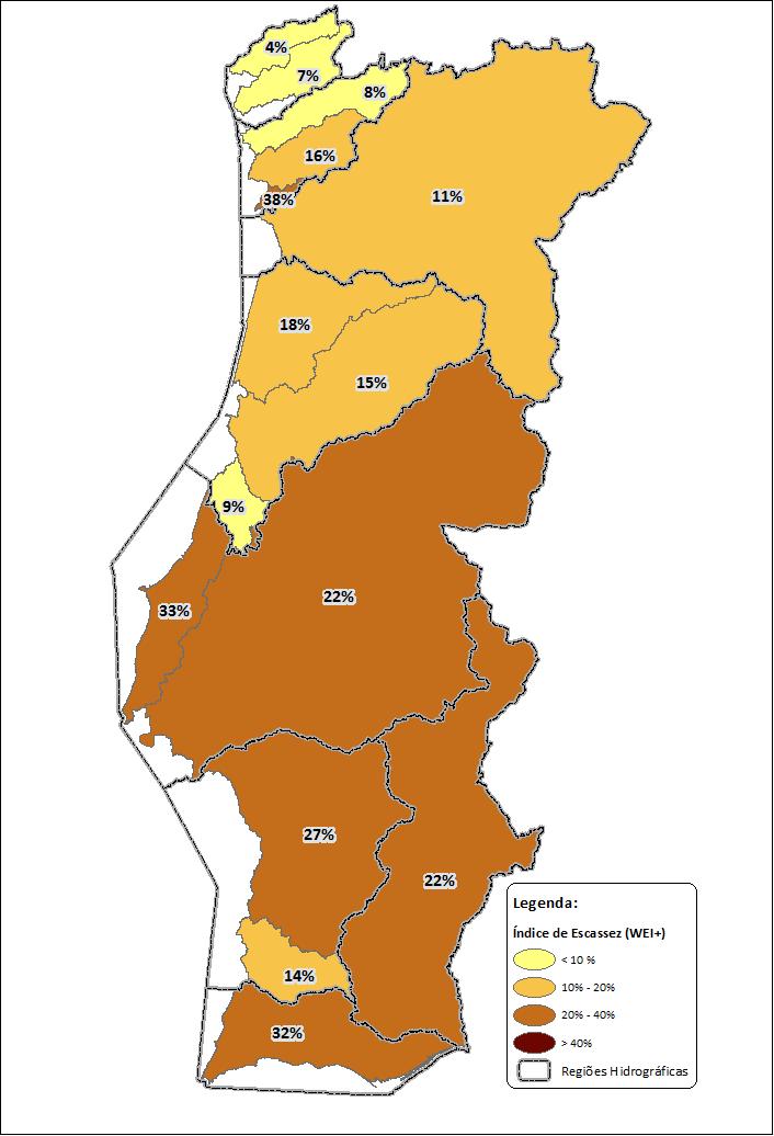 Balanço disponibilidades/consumos - Índice de escassez As regiões hidrográficas com um índice de escassez inferior a 10% - RH1, RH2 (Cávado) e RH4 (Lis) Sem escassez Portugal com um índice de