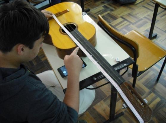 Figura 10 Alunos medindo e fazendo as marcações dos trastes dos violões Tendo determinado a posição dos trastes segundo a escala pitagórica os alunos receberam uma