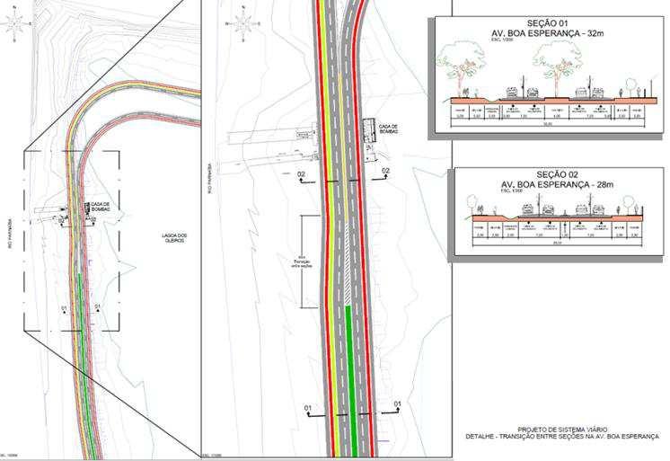 Seção transversal variável (14,00 m) com: passeio de 2,5 m (variável) e faixa de rolamento de 2 x 4,0m; Proposta: Duplicação de pista com seções variáveis conforme a seguinte situação: b) Trecho 1 -