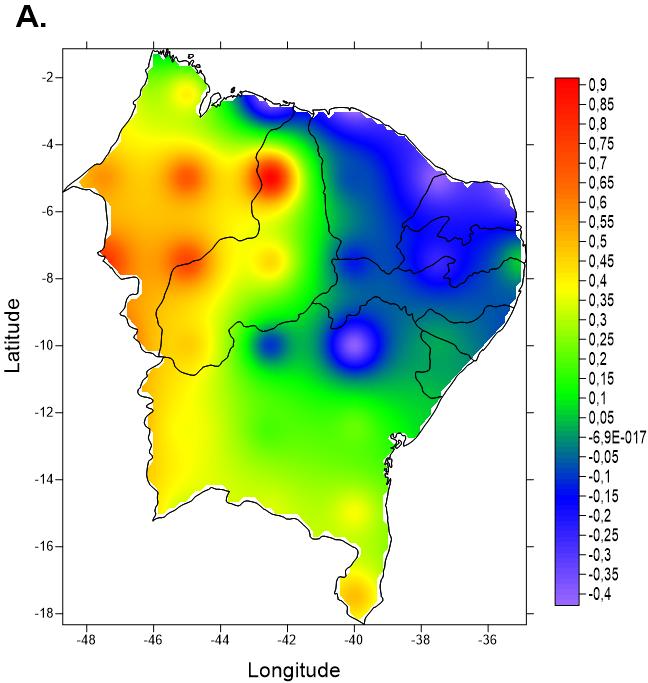 Oeste a oscilação aumenta pouco, com destaque na divisa entre o Maranhão e Piauí que tem um acréscimo relevante. Figura 3 - Assimetria (A) e curtose (B) da distribuição da velocidade do vento no NE.