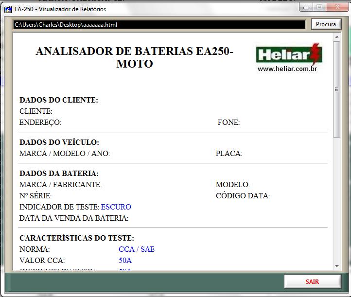 e) Visualize os dados e depois clique em SAIR para voltar a tela principal do programa EA250-12V TestView.