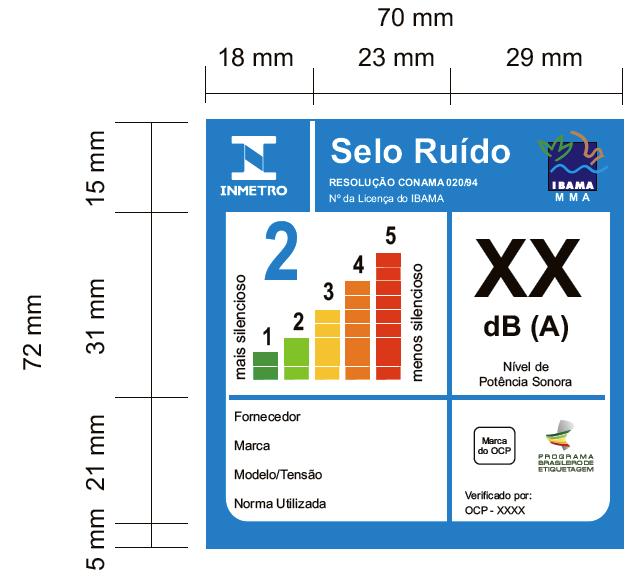 Figura A.1 Formato e dimensões mínimas do Selo Ruído. A.6 Características do Selo Ruído A.6.1 Cores A.6.1.1 A classificação de desempenho deve ser impressa em fundo branco e com texto na cor preta.