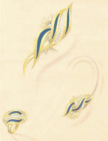 62 Figura.70 - Desenho de conjunto de broche, anel e brincos em ouro amarelo, diamantes e esmalte, Marcel Küng, aquarela e guache sobre papel.