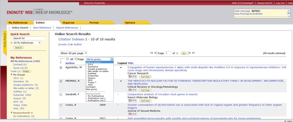 A partir do EndNote e Web of Science é possível enviar suas publicações para o ResearcherID, desde