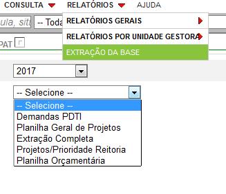 17. Extração da base Oferece algumas opções de relatório no formado csv. 18. Menu consulta é possível visualizar todos os projetos cadastrados na Unidade Gestora.