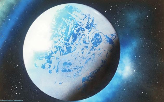 AstroNova. N.18. 2018 Concepção artística de um planeta de gelo. Arte de Keith Monaghan. astronômicas) em estrelas parecidas com o Sol.