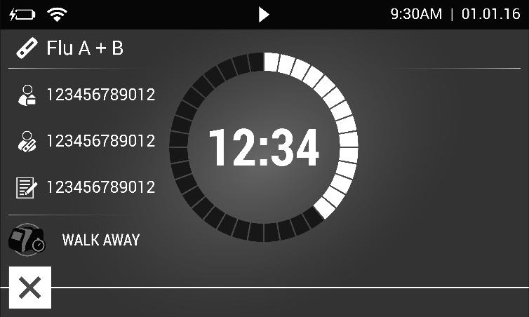 Por exemplo: esta tela mostra que faltam 12 minutos e 34 segundos para que o teste em modo AUTOMÁTICO (WALK AWAY) seja concluído.