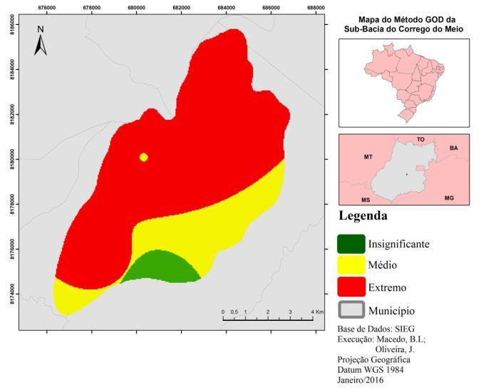 Seguindo parâmetros estabelecidos na metodologia de GOD, a partir da visualização e manipulação dos dados espaciais a avaliação da vulnerabilidade a contaminação do aquífero na sub-bacia do Córrego