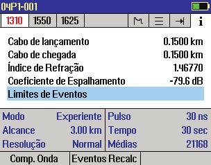 Modo OTDR: Características da Página de Informação A página de informação apresenta a forma como o teste foi criado. Use as teclas para destacar o parâmetro de configuração pretendido.