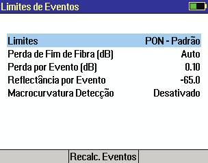 Poderá alterar estes parâmetros para corrigir localizações na Tabela de Eventos uma vez que o teste seja concluído. Depois de terminado, pressione Eventos Recalc para recalcular a Tabela de Eventos.