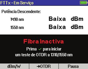 activa a ser realizada a partir de uma única porta. No modo de Medidor de Potência FTTx PON, o primeiro ecrã apresenta a potência FTTx PON recebida a 1490 e 1550 nm.