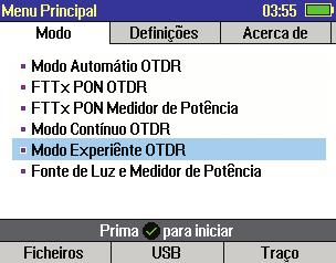 Funcionalidades de Visualização do Menu Principal Página Menu Principal (FLX380-303/-304 modelo apresentado) FTTx PON OTDR combina funções de anteriores modos de construção de FTTx Em Serviço e FTTx