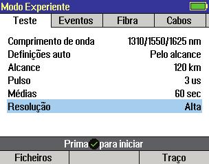 Pelo alcance: Utilizador define Alcance & Resolução, Largura do Pulso & Médias seleccionados automaticamente. Alcance N/A automático Utilizador define alcance de varrimento do OTDR.