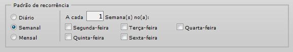 No segundo padrão, semanal, o usuário deverá especificar qual o intervalo de semanas e o dia em que pretende que seja efetuado o envio. mês.