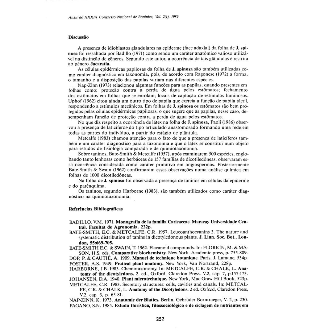 Anais do XXXIX Congresso Nacional de Botânica, Vol. 2(1), 1989 Discussão A presença de idioblastos glandulares na epiderme (face adaxial) da folha de J.