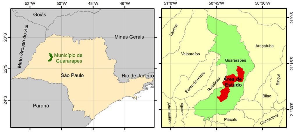 FIGURA 1. Localização da área de estudo no Município de Guararapes, SP. O Município de Guararapes situa-se no Planalto Ocidental Paulista, região noroeste do Estado de São Paulo.