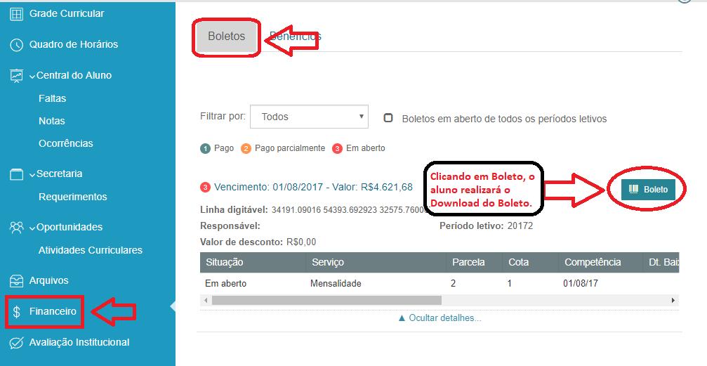 Imagem 17 Agora o aluno conta com o recurso de visualizar os Boletos em aberto de outros