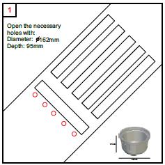 Procedimentos de instalação: Abrir os orifícios necessários com 162mm de diâmetro e 95mm de profundidade.