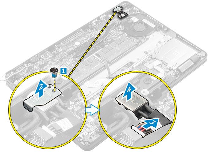 Como remover a porta do conector de alimentação 1. Siga o procedimento descrito em Antes de trabalhar na parte interna do computador. 2. Remova a/o: a. tampa da base b. bateria c.