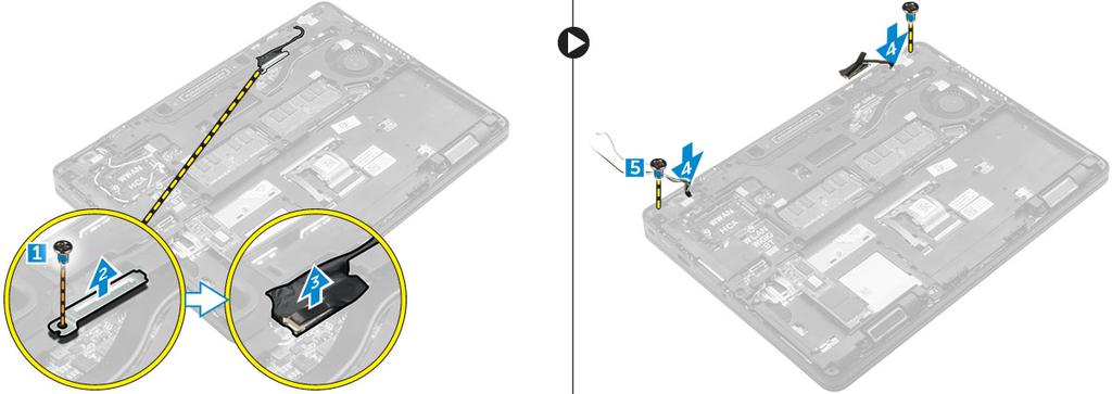 4. Para desconectar o cabo da tela e remover o conjunto da tela: a. Remova o parafuso que prende o suporte do cabo da tela ao computador [1]. b.