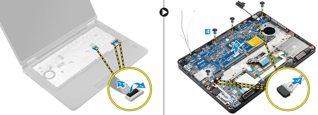 c. Remova os parafusos que prendem a placa de sistema ao computador [4]. d. Remova a placa de sistema do computador [5]. Instalar a placa de sistema 1.