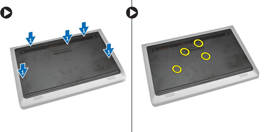 3. Aperte os parafusos que prendem a tampa da base ao computador. 4. Siga os procedimentos descritos em Após trabalhar na parte interna do computador. Como remover a bateria 1.