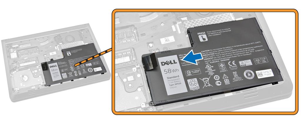 5. Remova a bateria do computador. Como instalar a bateria 1. Coloque a bateria em seus slots. 2.