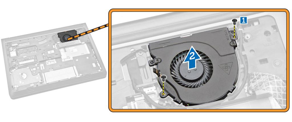 Como instalar o ventilador do sistema 1. Coloque o ventilador do sistema em seus slots no computador. 2. Aperte o parafuso para prender o ventilador do sistema ao computador. 3.