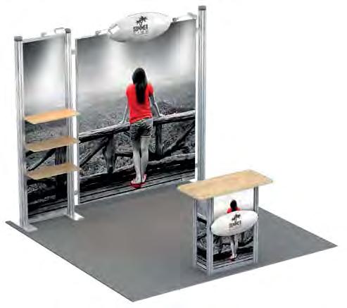 Exhibi on Items Kassel 3 Smart and elegant Exhibition System. Easy to be assembled. Printing is not included. Aluminium frame 2824x2400mm. Shelves: 3. Header Board. Spotlights (3 units). Counter.